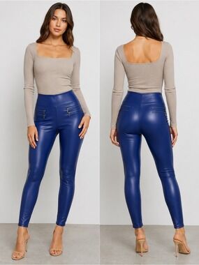 Revamped Royal cobalt blue faux leather high-rise stretchy legging zipper detail